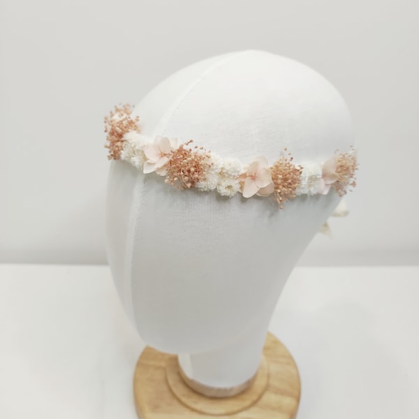 Couronne de tête ruban fleurs séchées blanc et  rose pâle