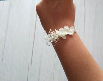 Bracelet ruban fleurs séchées blanc hortensia et broom bloom