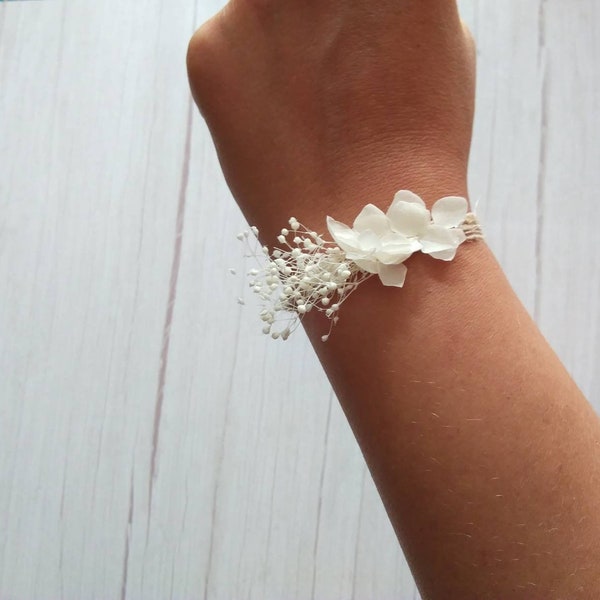 Bracelet ruban fleurs séchées blanc hortensia et broom bloom