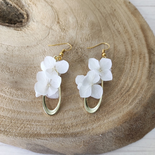 Boucles d'oreilles pendantes goutte hortensia blanc