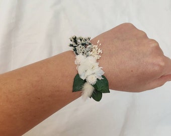 Bracelet ruban fleurs séchées blanc et vert