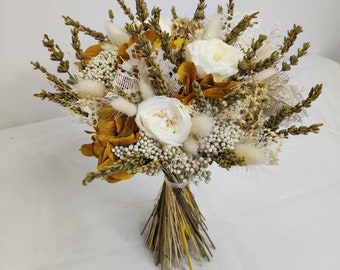 Bouquet de mariée jaune safran et blanc avec dentelle