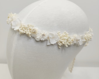 Couronne de tête ruban fleurs séchées blanche