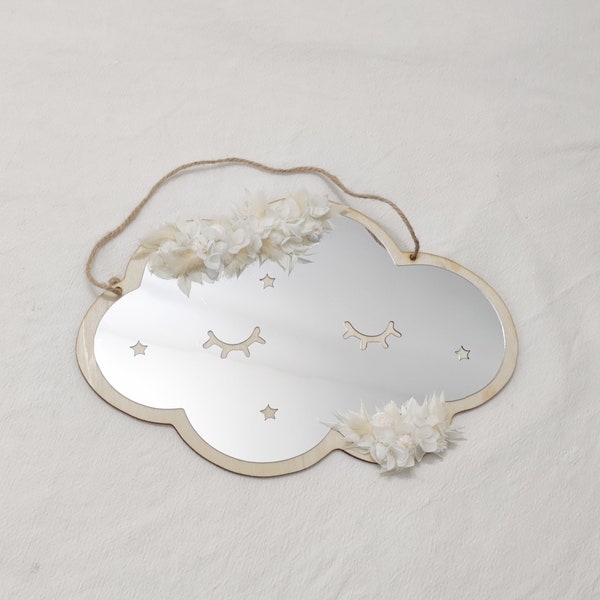 Miroir nuage fleurs séchées blanc