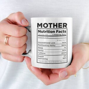 Mother Nutrition Facts, Mom Cute / Funny Nutritional Coffee Mug (11 or 15oz) - Beautiful Premium Quality Gift Idea (All White or with Color)