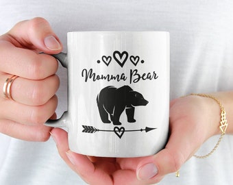 Momma Bear, Cute Protective Mother/Mom Coffee Mug (11 or 15oz) - Beautiful Premium Quality Gift Idea (White or with Colored Inside & Handle)