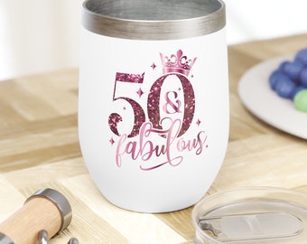 50 & Fabulous, Anpassad åldersfödelsedag (30, 40, 50, 60, 70, 80 eller 90), Femtio år gammal, 50-årsjubileum Polar Camel 350 ml vinglas utan stjälk med genomskinligt lock