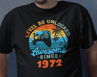 Nivå 50 upplåst Fantastiskt sedan 1975 (1976 eller valfritt år), Anpassat år, Femtio år gammal, 50-årsdag, Rolig Gamer-t-shirt, Unisex-vuxna T-shirts