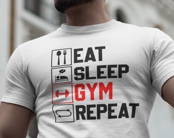 Ät sov gym repeat, träning / träning / lyft / i form / gymälskare motivations-t-shirt presentidé, unisex vuxen standard-t-shirts