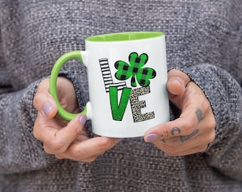 Love Shamrock, Día de San Patricio, Taza de café linda irlandesa (11 o 15 oz) - Hermosa idea de regalo de primera calidad (coloreada por dentro / asa o blanca)