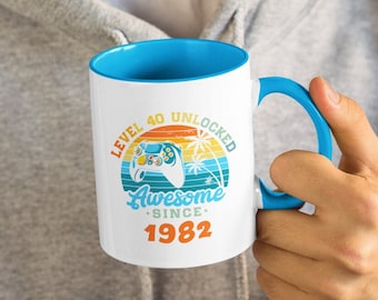 Nivå 40 upplåst Fantastiskt sedan 1986 (1985 eller valfritt år), Anpassat år, Fyrtio år gammal, 40-årsdag, Gamer Rolig/Söt Vintagemugg (11/15oz)