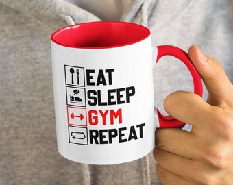 Ät Sov Gym Repeat, Träning / Workout / Lyft / Fit / Gymälskare Motiverande Kaffe / Te Mugg (300 g eller 450 g) - Vacker kvalitetspresentidé
