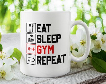 Ät Sov Gym Repeat, Träning / Workout / Lyft / Fit / Gymälskare Motiverande Kaffe / Te Mugg (300 g eller 450 g) - Vacker kvalitetspresentidé