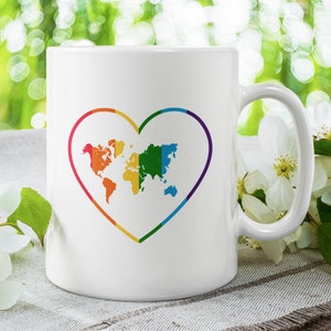 Regenbogen Herz Weltkarte, LGBT+ / LGBTQ / LGBT Pride Month Süße Kaffeetasse (11 oder 15oz) - Schöne Premium Qualität Geschenkidee