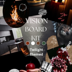 May include: Vision board kit with a twilight theme. The collage includes images of a wolf, a fire, a book stack, a red apple, a candle, a ring, a forest, a kitchen, a flower, a snake, a moon, and a musical note. The color palette includes brown, white, dark brown, and green.