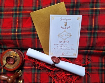 May include: A white card with gold trim and a red reindeer illustration. The card reads "Special Access Boarding Pass Lapland Evie Loftus You have been carefully selected to receive this Special Access Boarding Pass to fly you to meet Santa and his team of Elves".