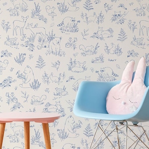 Peel & Stick Eco Friendly Wallpaper - ‘Woodland Toile’ BLUE | Removable Wallpaper | Woodland Animals | Nursery Wall Decals | PVC-Free