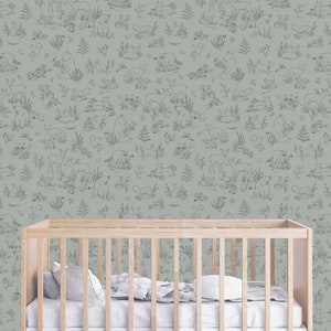 Peel & Stick Eco Friendly Wallpaper - ‘Woodland&#39; | Moody Sage Green | Removable Wallpaper | Woodland Animals | Nursery Wallpaper | Forest