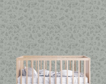 Peel & Stick Eco Friendly Wallpaper - ‘Woodland' | Moody Sage Green | Removable Wallpaper | Woodland Animals | Nursery Wallpaper | Forest