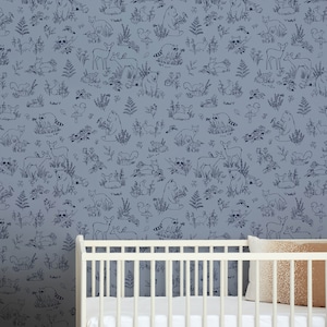 Peel & Stick Eco Friendly Wallpaper - ‘Woodland&#39; Toile Shadow Blue | Removable Wallpaper | Woodland Animals | Nursery Wallpaper | PVC-Free