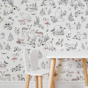 Peel and Stick Eco Friendly Wallpaper - ‘Woodland&#39; Storybook | Removable Wallpaper | Forest Animals | Nursery Wallpaper | Forest Friends