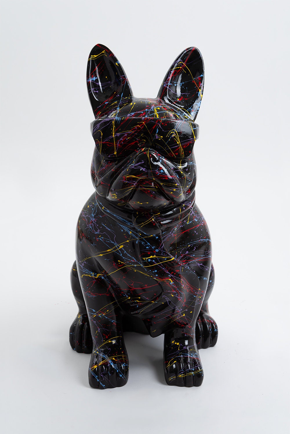 Nice 80cm Statue en Résine Chien Bouledogue Français Lunettes Écharpe M Design Splash Noir Sculpture