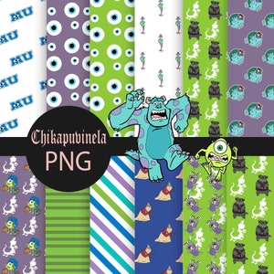 May include: A selection of digital papers with patterns and characters from Monsters, Inc. Designs include repeating patterns of eyes, stripes, and characters like Sully and Mike Wazowski. The text "Chikapuvinela PNG" is displayed in a circular graphic.