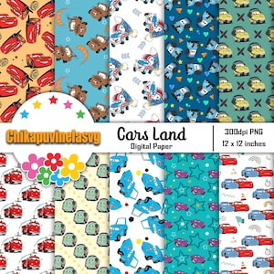 Peut inclure: Un pack de papier numérique avec 10 motifs différents mettant en scène des personnages de Cars. Les motifs comprennent des voitures rouges, bleues, jaunes, vertes et blanches sur divers fonds. Le texte "Cars Land Digital Paper" est inclus dans l'image.