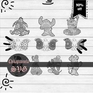 Bundle, Elephant Mandala Svg, Mouse Mandala Svg, Princess Svg, Cricut File, Clipart, Mandala Svg, Zentangle Svg, Png, Eps, Dxf