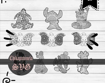 May include: A set of 9 black and white mandala-style SVG cut files featuring various Disney characters, including Stitch, Dumbo, and Mickey Mouse. The text "Chikapoovinela SVG" is also included in the image.