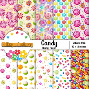 Puede incluir: Un paquete de papel digital con 8 patrones diferentes con temática de dulces. Los patrones presentan piruletas, caramelos y chispas en varios colores. El texto "Candy Digital Paper" y "300dpi PNG 12 x 12 inches" está incluido en la imagen.