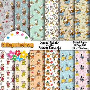 May include: Digital paper pack with Snow White and the Seven Dwarfs patterns. Designs include repeating images of the characters, along with floral and seasonal motifs. The paper measures 30.48 x 30.48 cm.