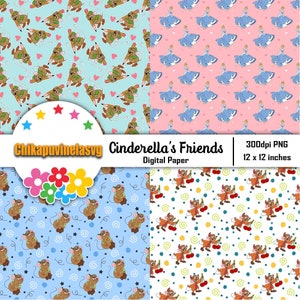 May include: Digital paper pack with four different patterns featuring Cinderella's mouse friends. The patterns include a blue background with mice holding pencils, a pink background with Cinderella in a blue dress, a blue background with mice holding cherries, and a white background with mice holding cherries.