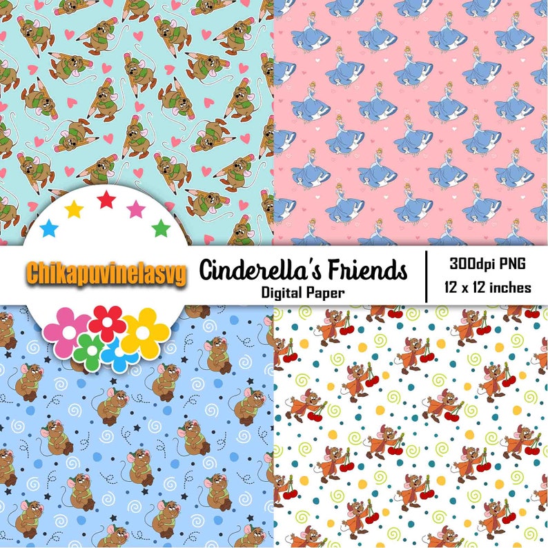 May include: Digital paper pack with four different patterns featuring Cinderella's mouse friends. The patterns include a blue background with mice holding pencils, a pink background with Cinderella in a blue dress, a blue background with mice holding cherries, and a white background with mice holding cherries.