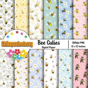 May include: A set of 12 digital papers featuring cute cartoon bees and daisies in various colors, including yellow, blue, pink, and white. The papers are 300dpi and measure 12 x 12 inches.