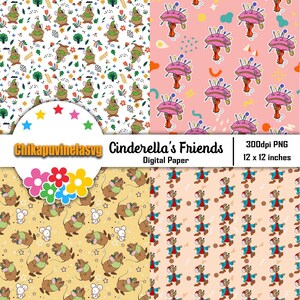 May include: Four digital paper designs featuring Cinderella's friends, Gus and Jaq. The first design features Gus and Jaq in green outfits on a white background with flowers and stars. The second design features Gus and Jaq in blue outfits on a light brown background with stars. The third design features Gus and Jaq in red outfits on a light pink background with geometric shapes. The fourth design features Jaq carrying a pink pincushion on a light pink background with geometric shapes. The text "Cinderella's Friends" and "Digital Paper" is included in the image.