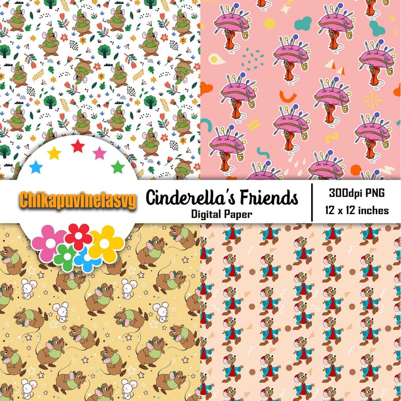 May include: Four digital paper designs featuring Cinderella's friends, Gus and Jaq. The first design features Gus and Jaq in green outfits on a white background with flowers and stars. The second design features Gus and Jaq in blue outfits on a light brown background with stars. The third design features Gus and Jaq in red outfits on a light pink background with geometric shapes. The fourth design features Jaq carrying a pink pincushion on a light pink background with geometric shapes. The text "Cinderella's Friends" and "Digital Paper" is included in the image.