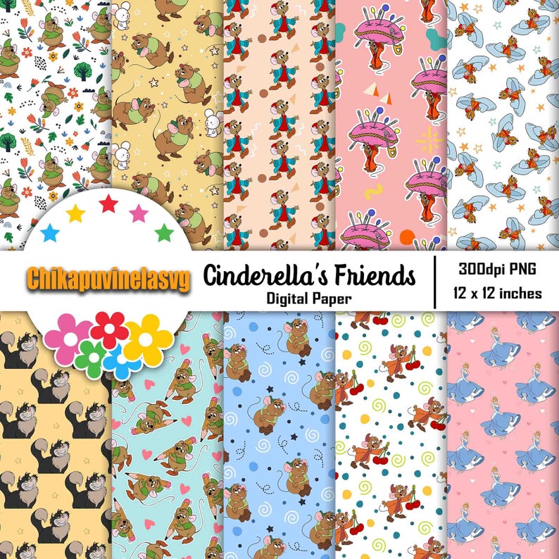 May include: A set of 12 digital papers featuring various patterns with Cinderella's friends, including Gus, Jaq, and Cinderella herself. The patterns are in a variety of colors, including pink, blue, yellow, and green. The papers are 300dpi and 12 x 12 inches.