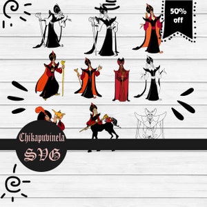 May include: A set of nine digital cut files featuring Jafar from Disney's Aladdin. The files include Jafar in various poses, including with his snake staff, riding a horse, and with his genie lamp. The text "Chikapuvinela SVG" is included in the image.