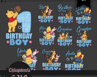 May include: A set of ten Winnie the Pooh-themed birthday boy designs. Each design features a different family member, such as "Dad of the Birthday Boy" or "Grandma of the Birthday Boy". The designs are in a blue and pink color scheme with stars and the text "Birthday Boy".