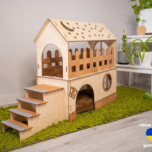 Wooden rabbit house, bunny сastle with pillow, Add your pet's name for FREE