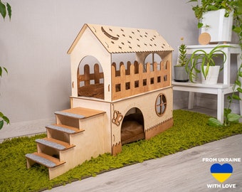Wooden rabbit house, bunny сastle with pillow, Add your pet's name for FREE