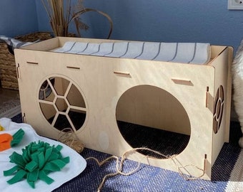 Wooden bunny house with bed, Rabbit castle, Rabbit lover gift, Guinea pig house, Modern pet furniture, Rabbit bed, Wood rabbit house