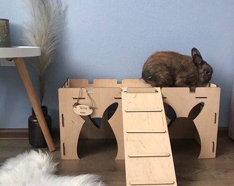 Wooden rabbit house with ladder - Free Custom Name Engraving for your Bunny