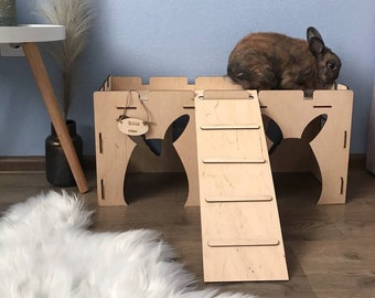 Bunny house with ladder, Rustic rabbit furniture, Bunny decoration, Rabbit supplies, Assembly Rabbit Retreat House