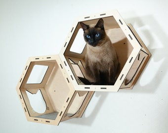 Wooden cat shelves, Custom cat wall furniture, Handmade cat shelf, Cat bed, Hexagon cat shelf, Hexagon wall shelf, Modern cat shelf