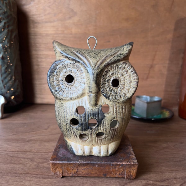 Vintage Pottery Hanging Owl Candle Holder | 70’s Ceramic Stoneware Owl Tealight Candleholder Decor