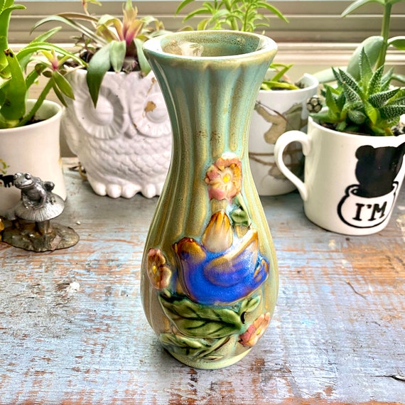 Vintage Sage Green Ribbed Ceramic Flower Vase With Blue Bird Etsy