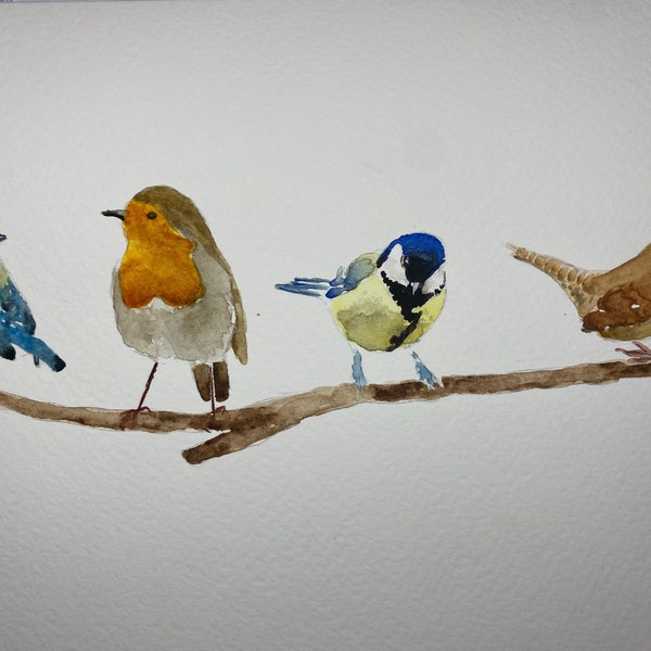 Hand painted British Birds Watercolour gift card, robin, blue tit, wren, Bird Greetings Card, Wildlife Art Card, Blank Note, Greeting Card