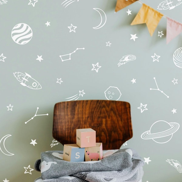 Space Wall Decals, Planets, Rockets, Moon, Stars Room Decor